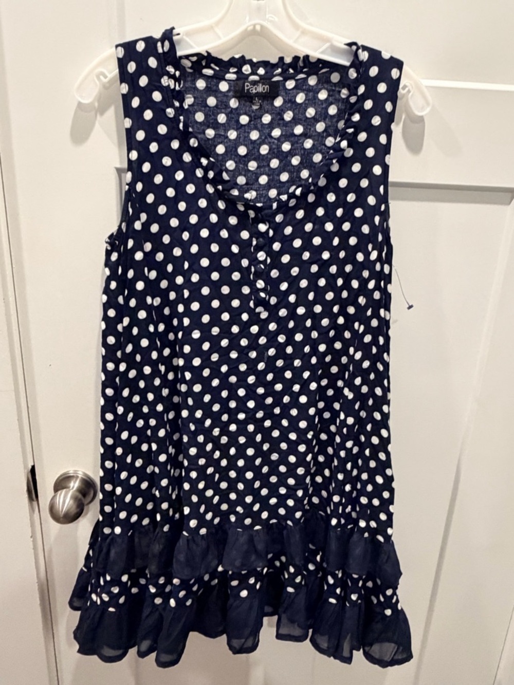 Papillon Polka Dot Blouse Large Navy Sleeveless Ruffle Hem Viscose Top